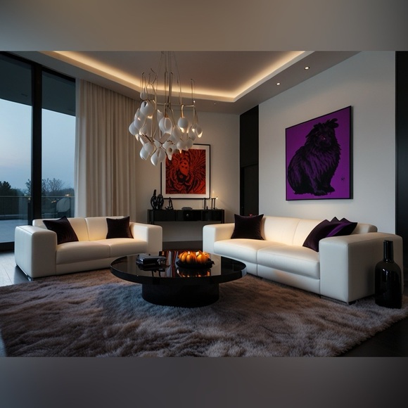 HANDCRAFTED digital art print Chic White Sofa Set with Purple Cushions decor NWT - Picture 1 of 10